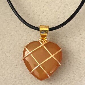 Red Agate Heart Natural Gemstone Gold Wire Winded Pendant Necklace